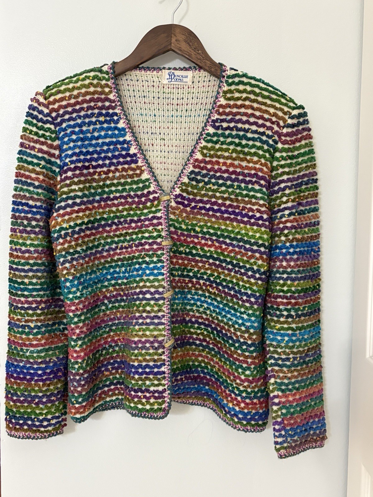 VINTAGE Dunollie Looms Cardigan Colorful Unique Buttons Shoulder Pads 1980s