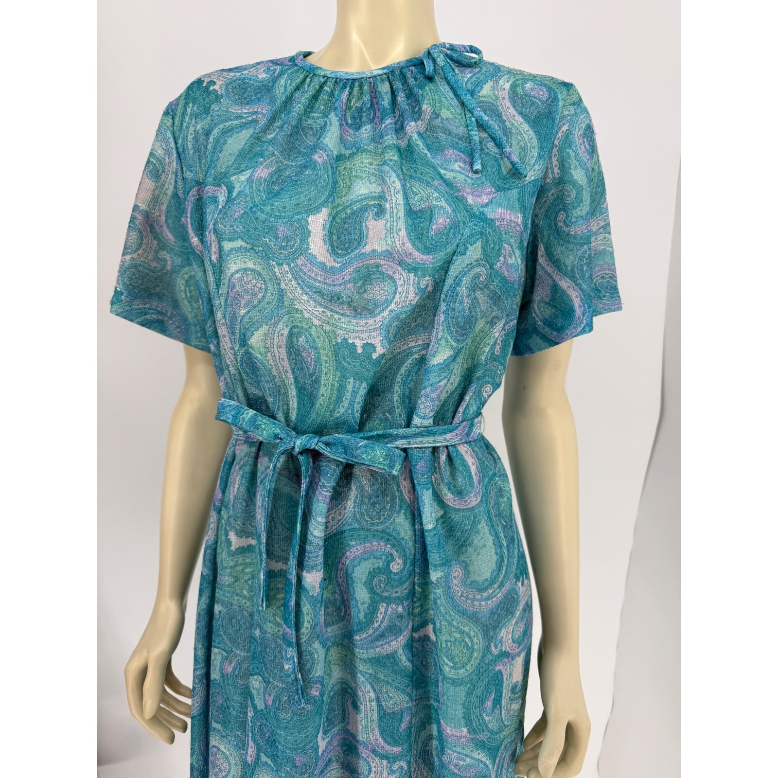 Vintage Nancy II Turquoise Paisley Belted Midi Dress Womens