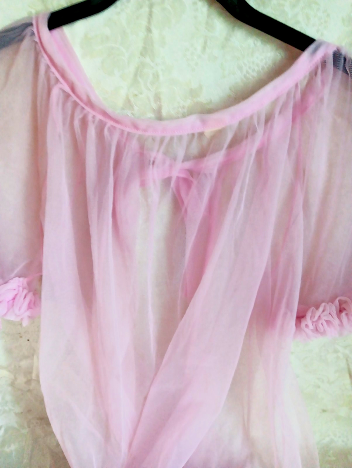 Vintage 100% Nylon Baby Doll Peignoir Pink Ruffles Sleeve & Hem, Size L