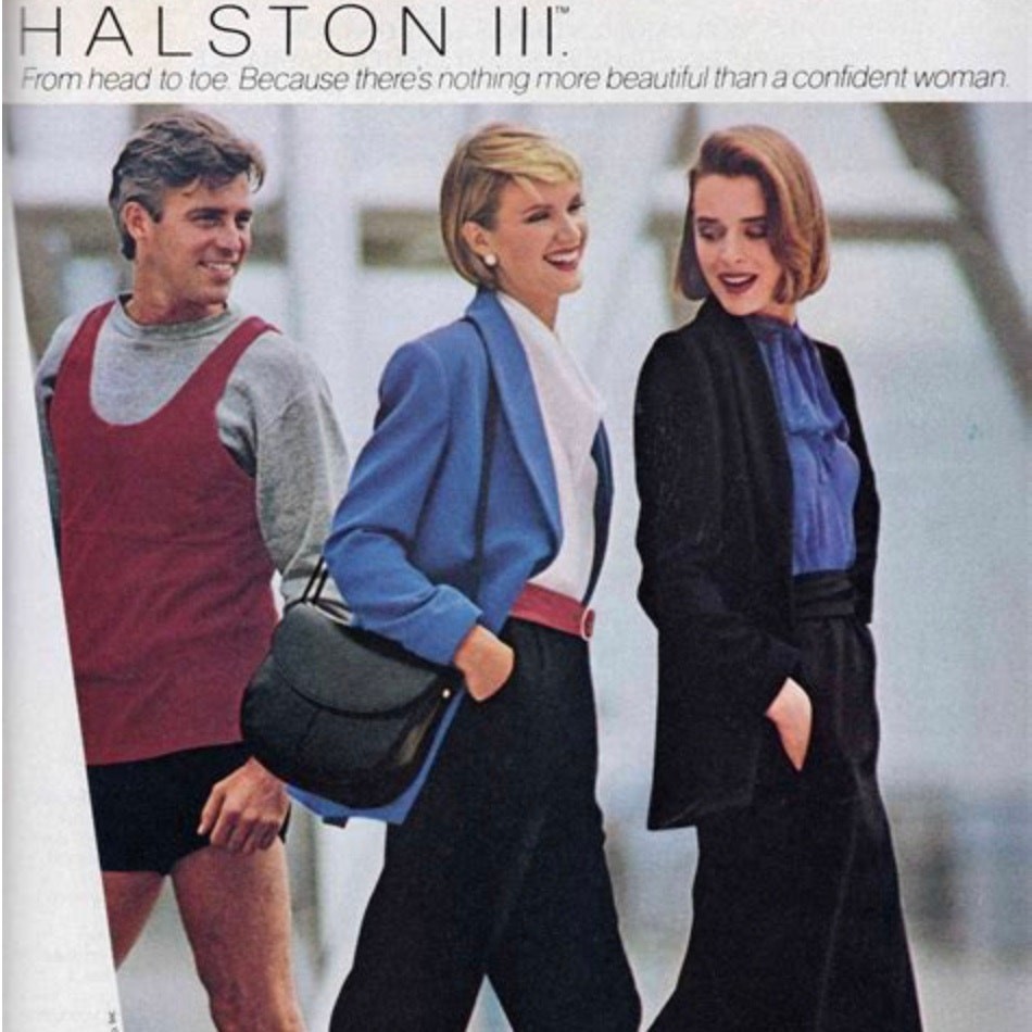 Vintage Halston III Blue Satin Tie-Neck Blouson Midi Secretary Shirt Dress XS/S