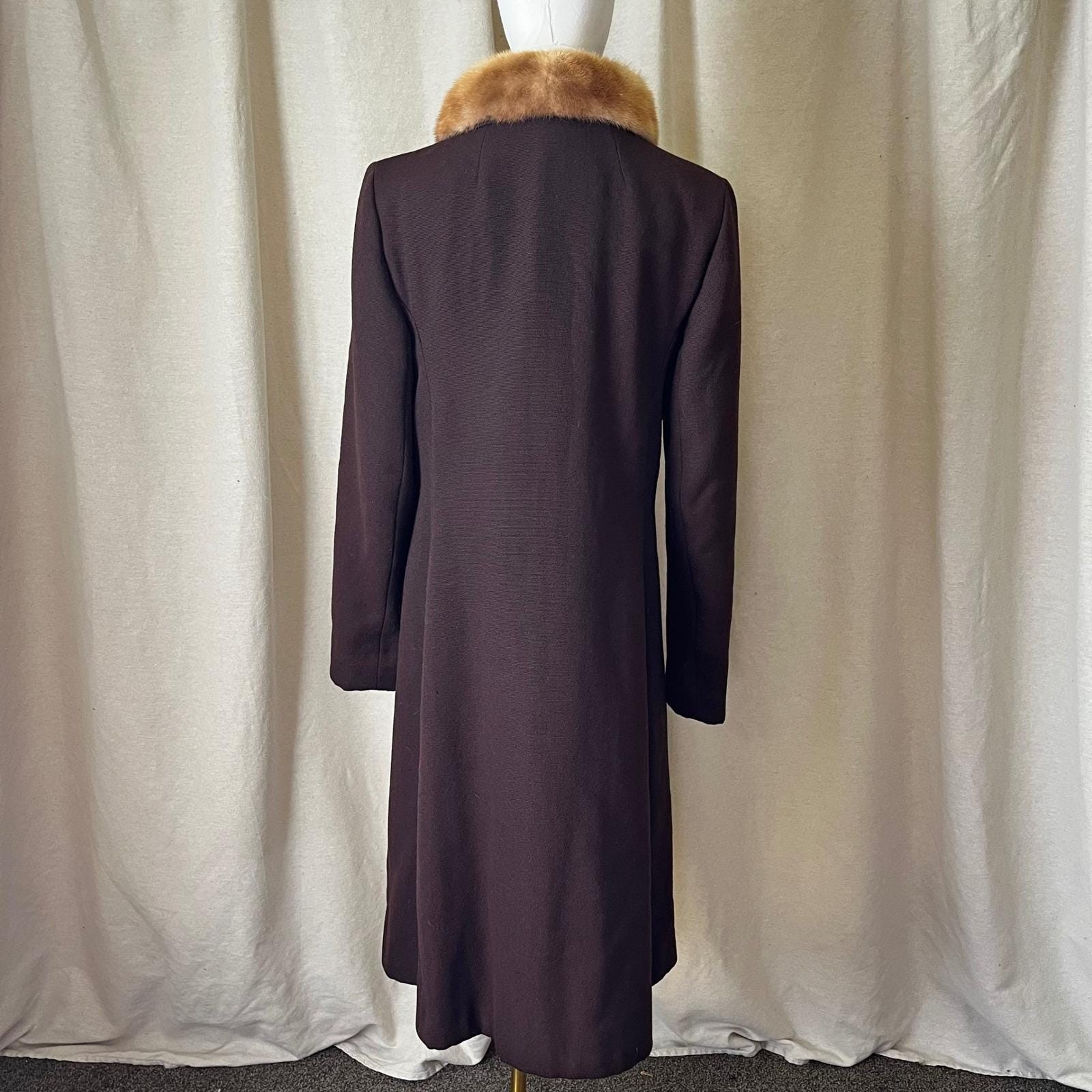 Vintage 60s Brown Wool Princess Coat Mink Fur Collar Long Coat Tall M