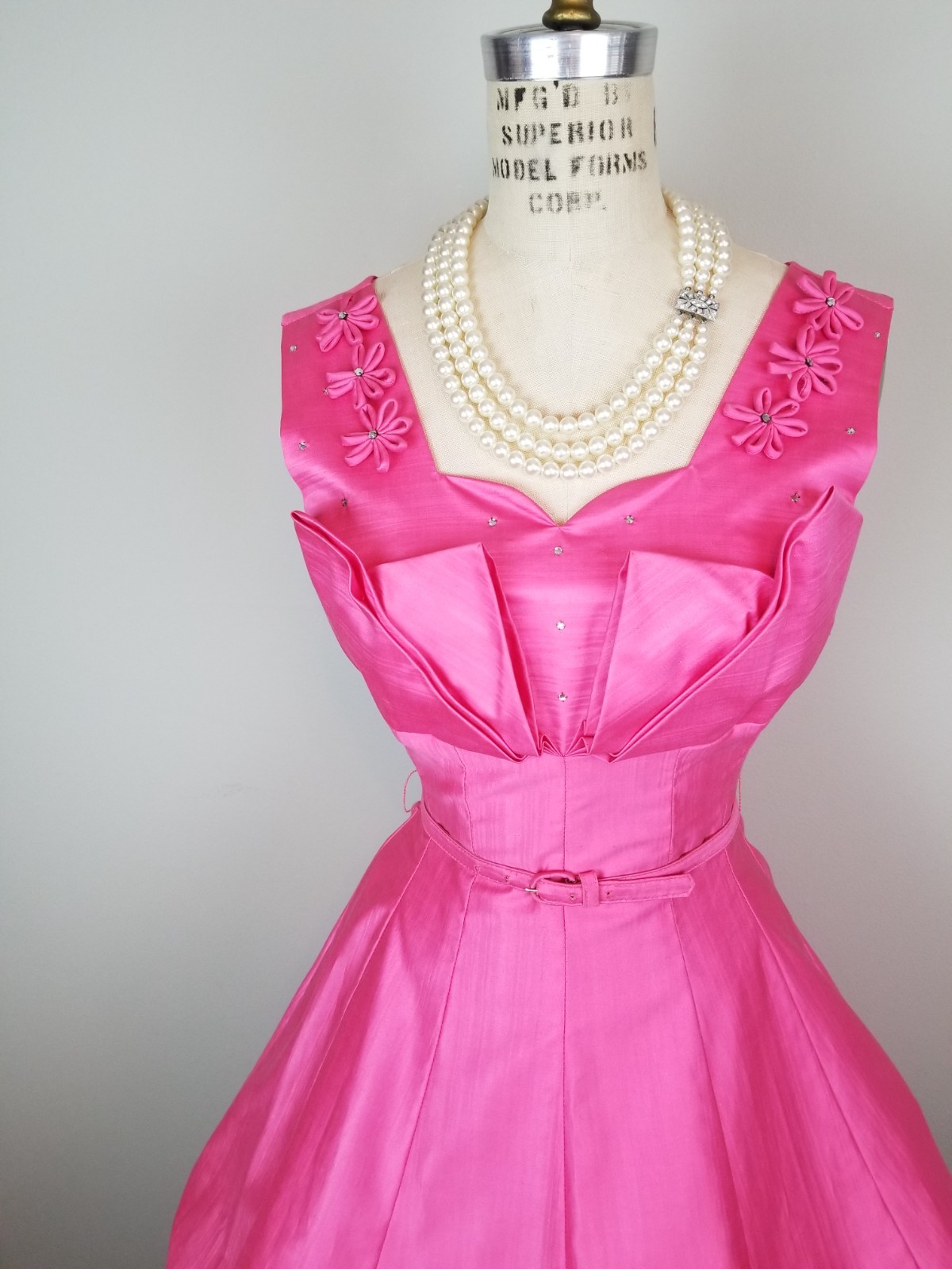 Vintage 1960’s Hot Pink Party Dress Rhinestone & Floral Details Ladies Size Sm