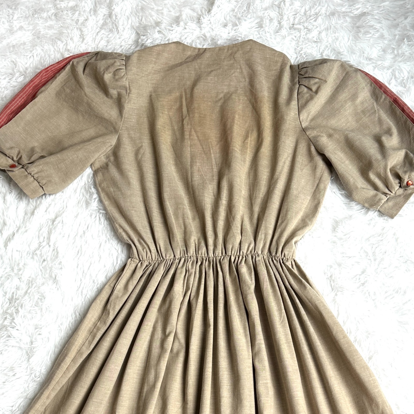 Vintage Impromptu Prairie Cottagecore Peasant Dress Brown Pink Puff Sleeve Women