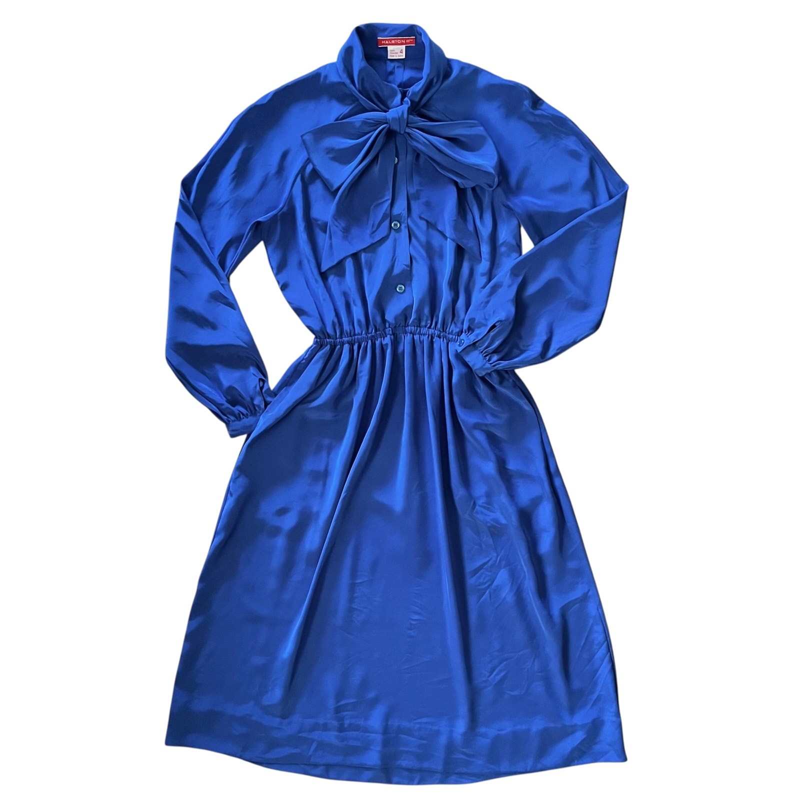 Vintage Halston III Blue Satin Tie-Neck Blouson Midi Secretary Shirt Dress XS/S