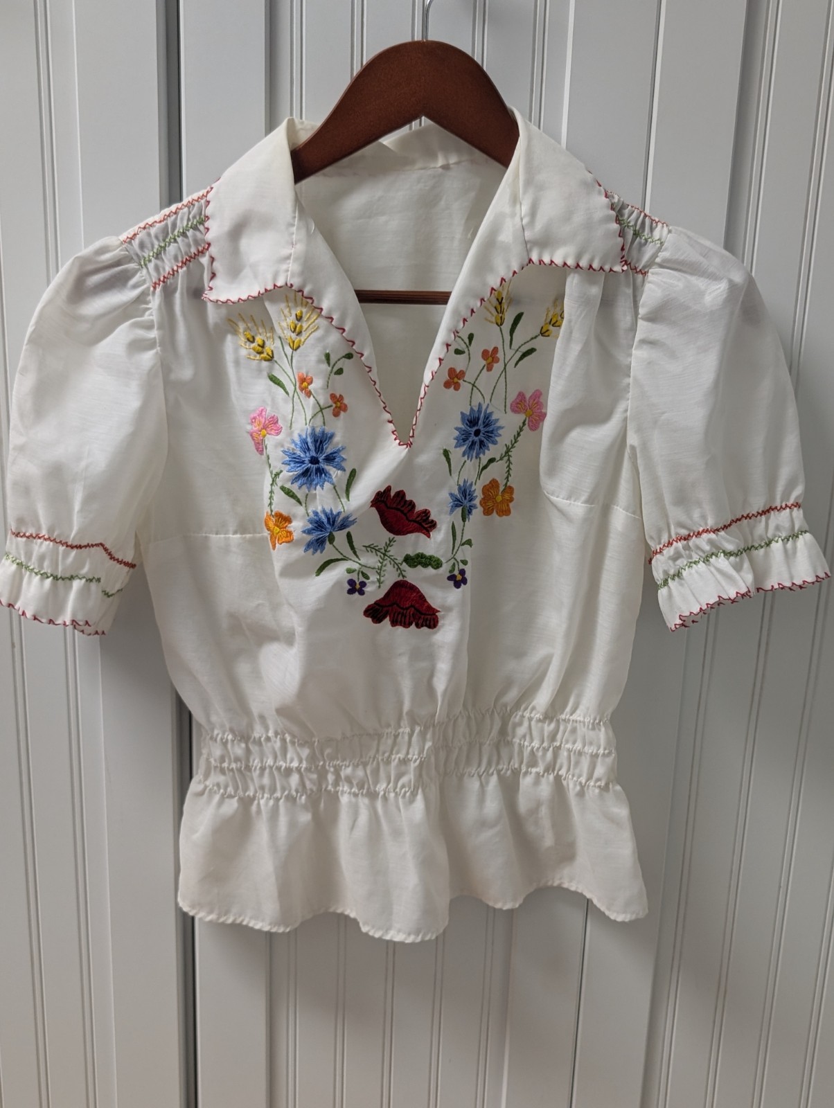 Small Cotton Hungarian Peasant Folk Top Blouse Vintage Antique Embroidered
