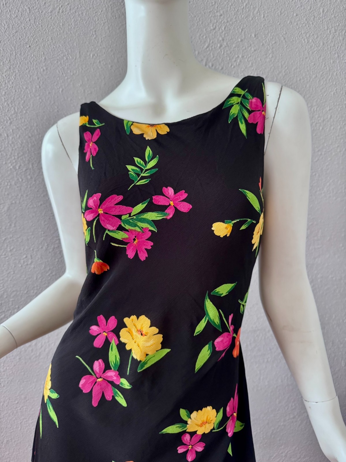 Vintage 90s Black Floral Femme Rayon Maxi Sun Dress M