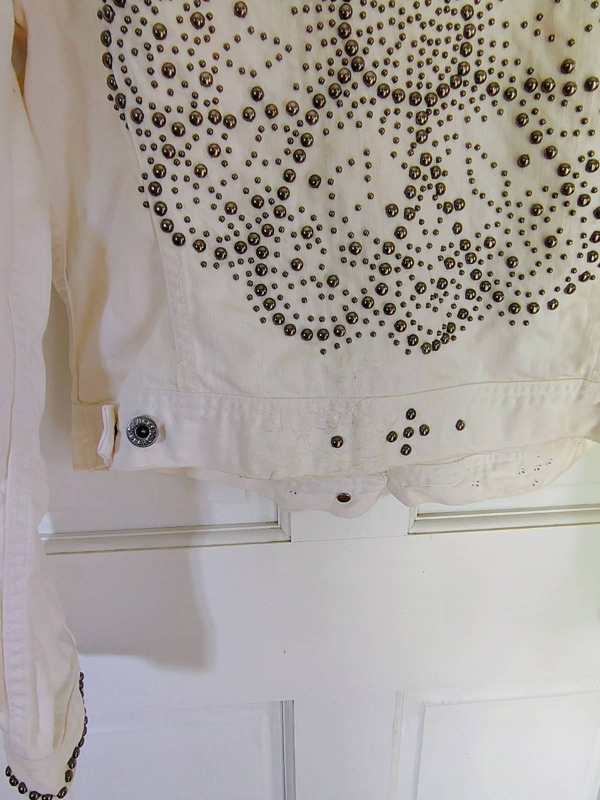 Lucky Brand Studded Denim Jacket XL White Cream Heavy Metal Studs Boho Medallion
