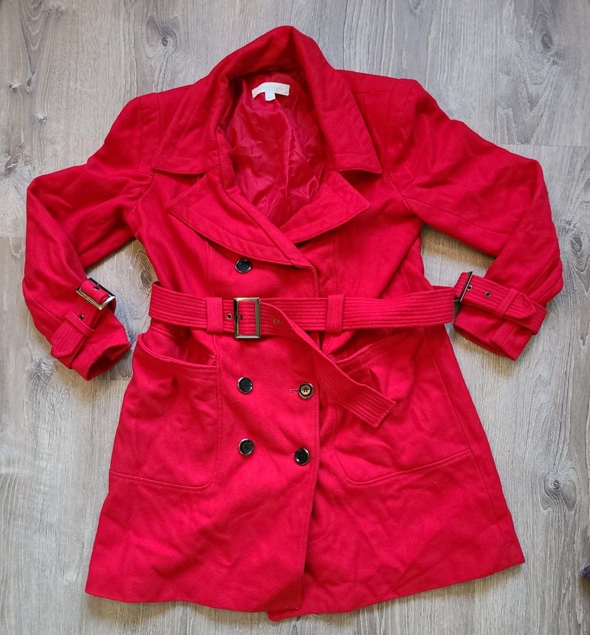 New York & Company Womens L Wool Blend Peacoat Double Breasted Bright Red Belted