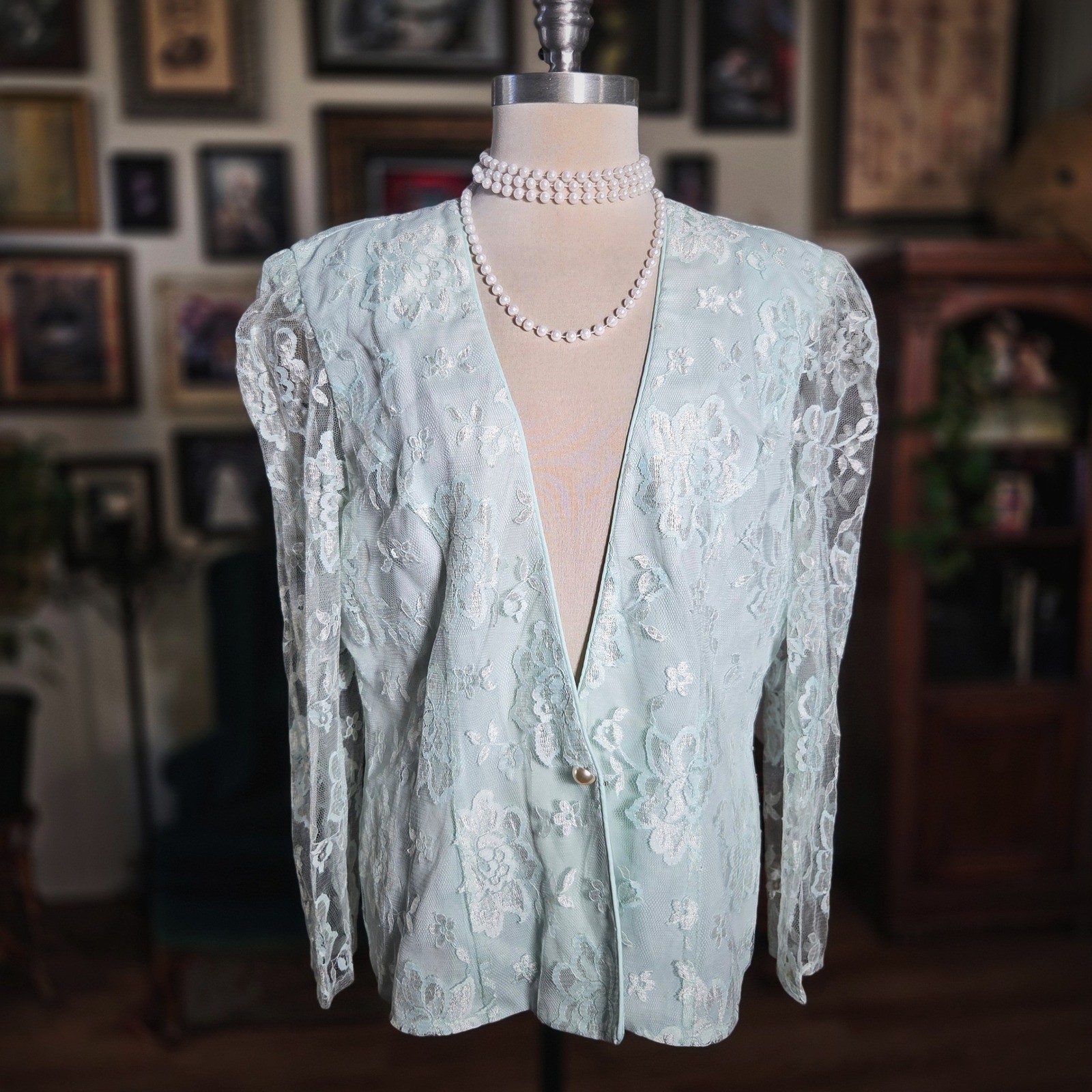 Vintage 90s Patra Mint Green Floral Lace Evening Long Sleeve Top Pearl Button