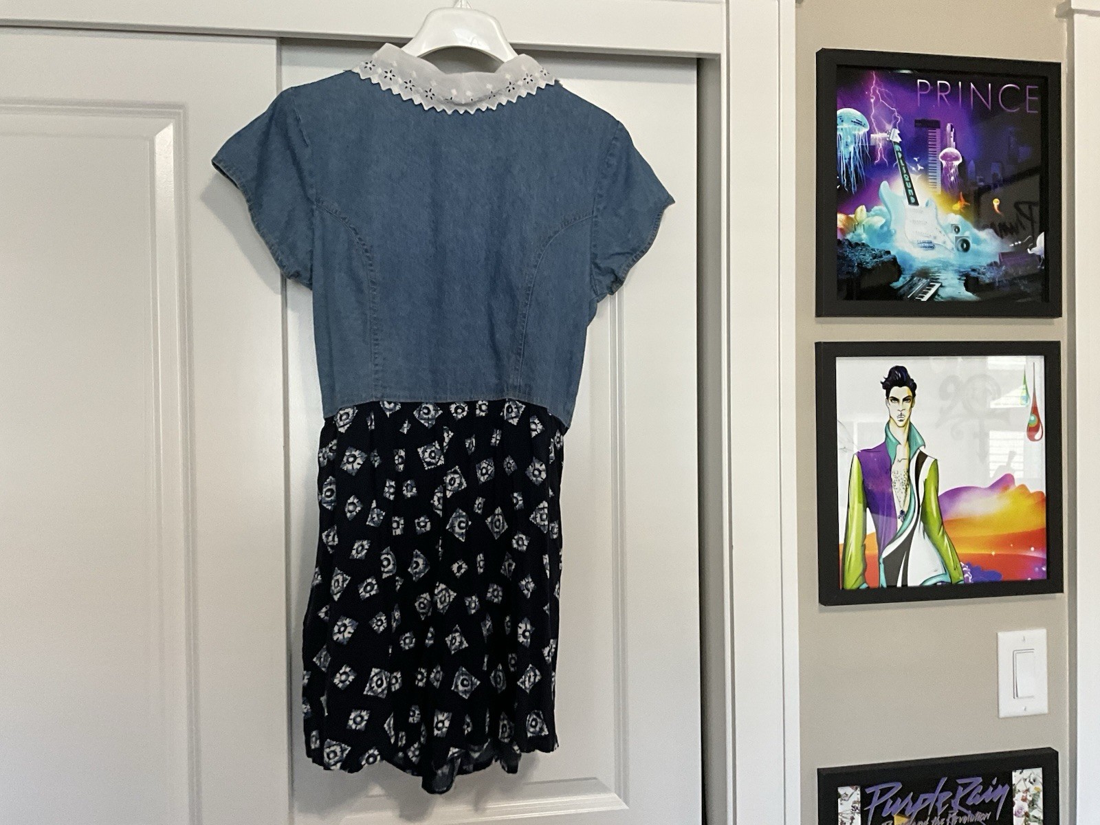 VTG 90s True Blue Denim & Lace Midi Jumpsuit Pearl Snaps Boho Cottage 13/14