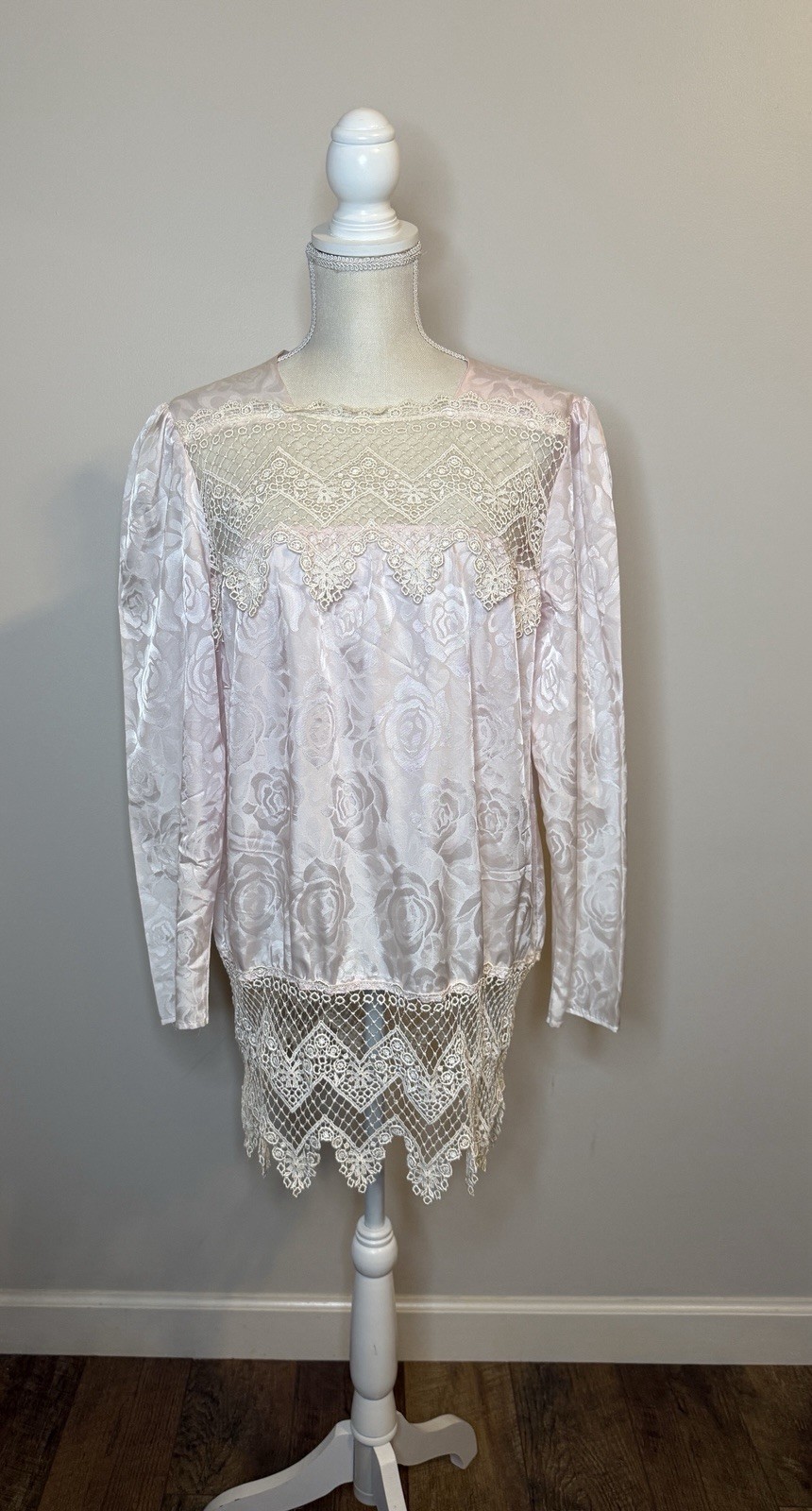 Vintage Satin Floral Pink Edwardian Lace Long Sleeve Blouse Sz 18 (XL)