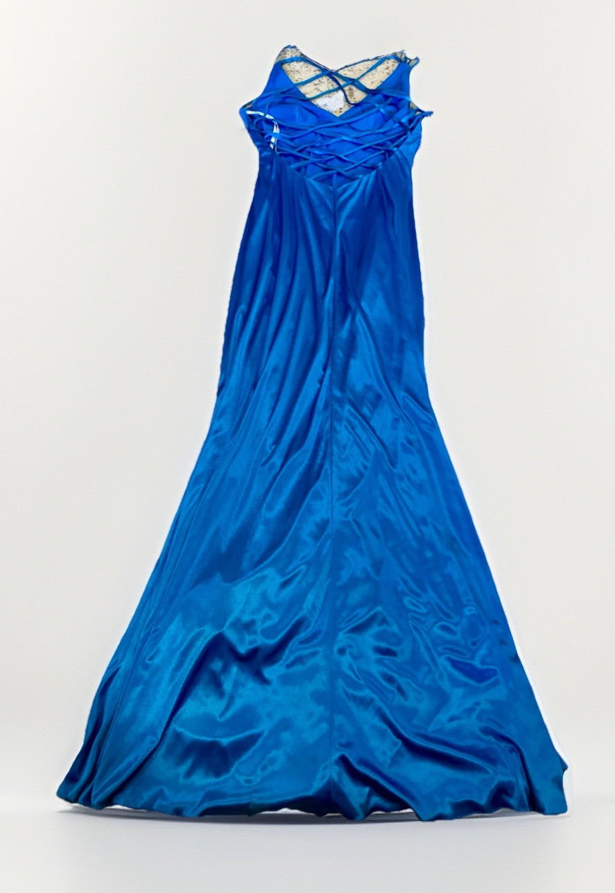 Vtg 90s TABOO Silky Low Back Prom Dress Blue Maxi Gown Slinky Slip Vneck 11/12