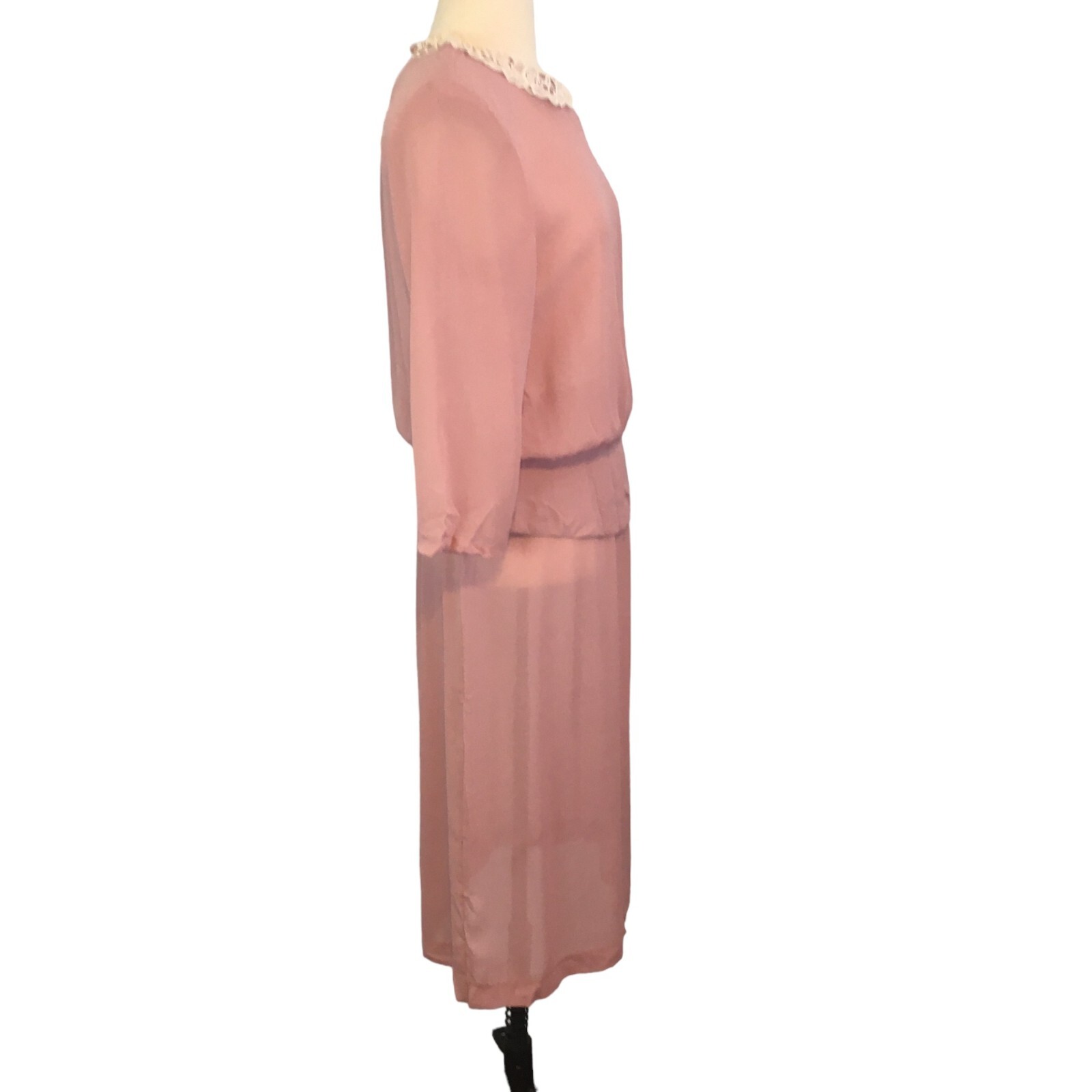Amy-Deb Vintage 70’s Dusty Pink Sheer 2 pc dress, Lace Collar Cottagecore, sz 12