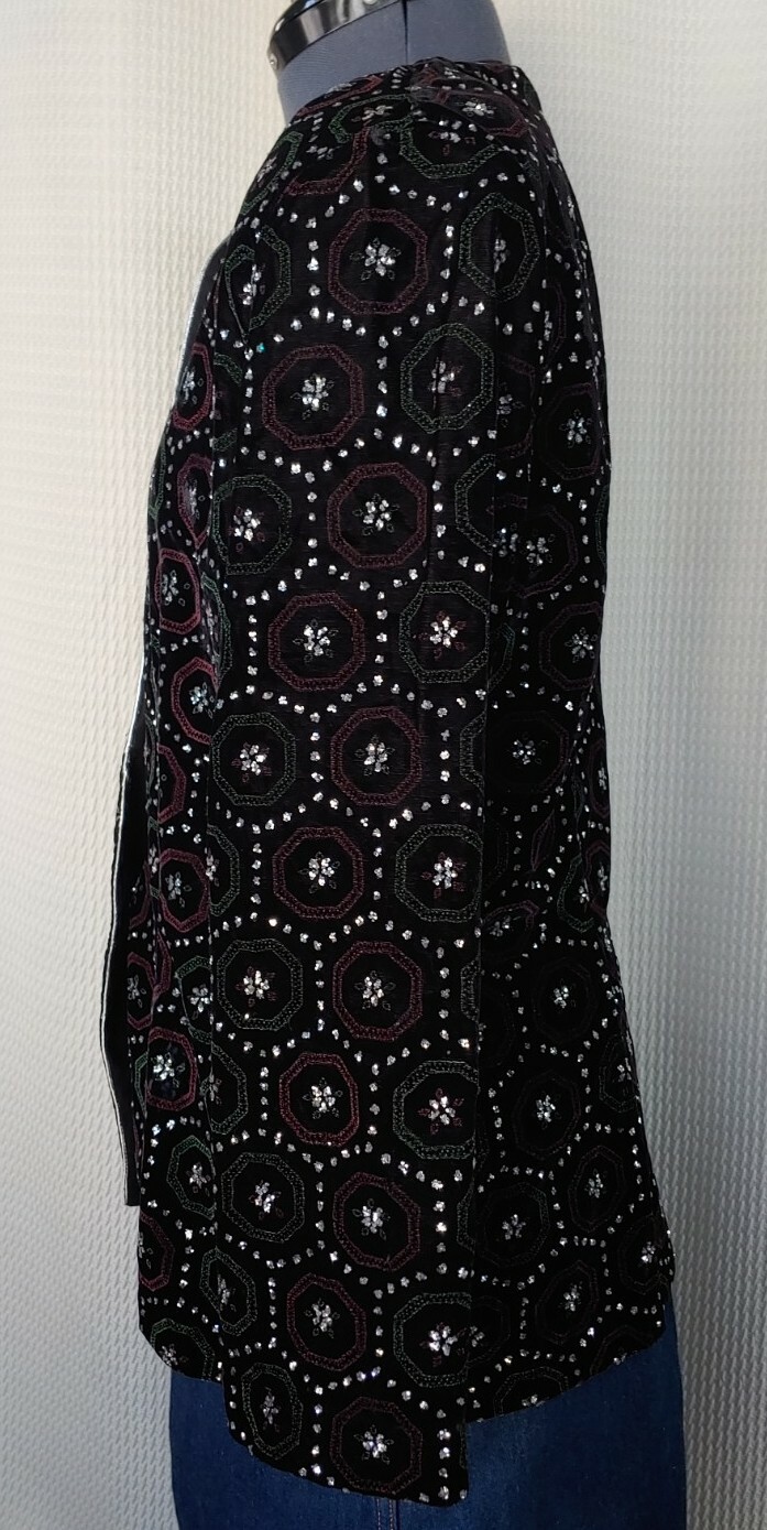 Vintage Ellen Ashley Black Velvet Jacket w Silver Trim & Rhinestones Size 12