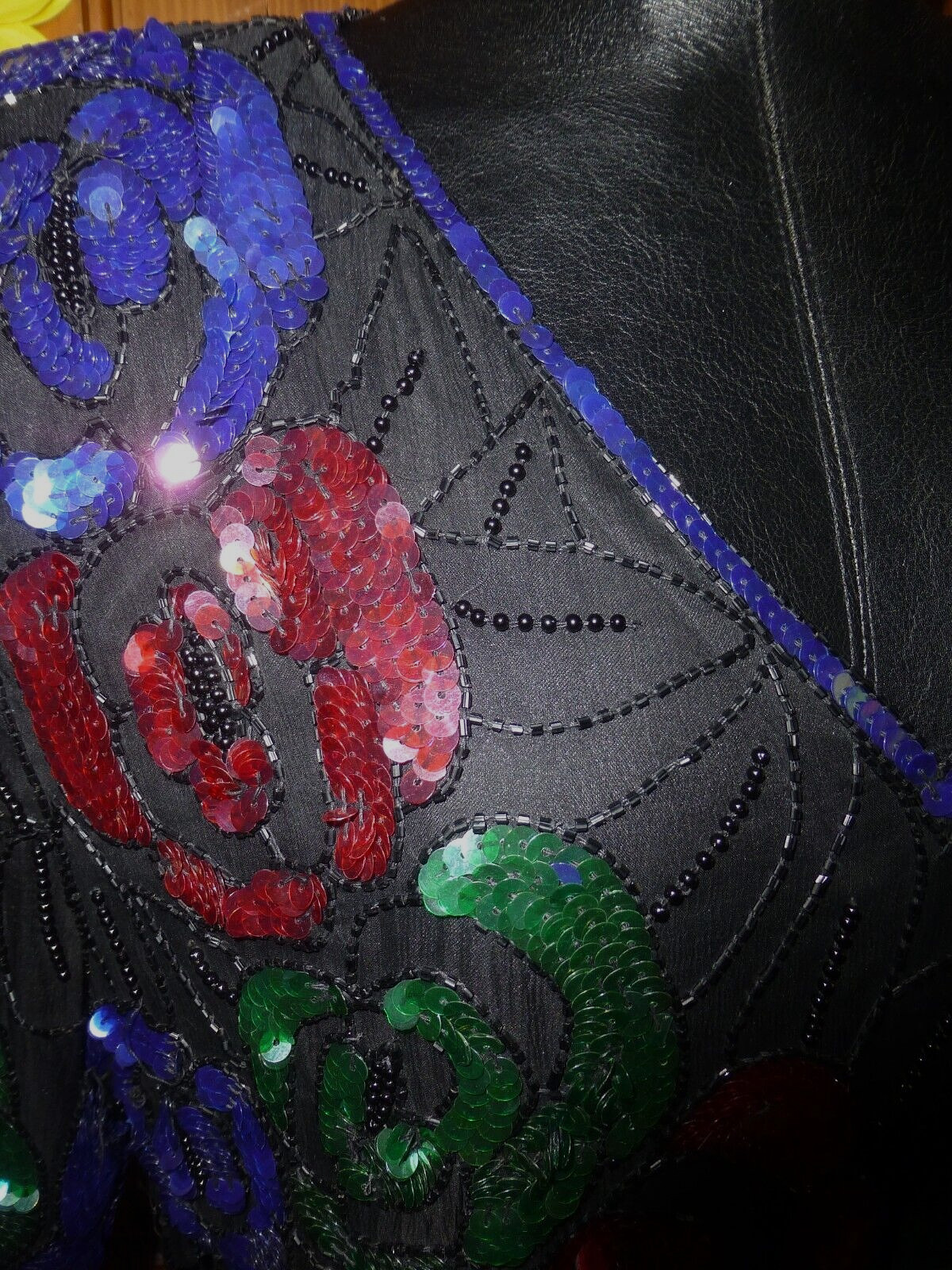 Vtg 80s SEQUIN Beads Embroidered SILK Floral Evening Party Top Blouse XL
