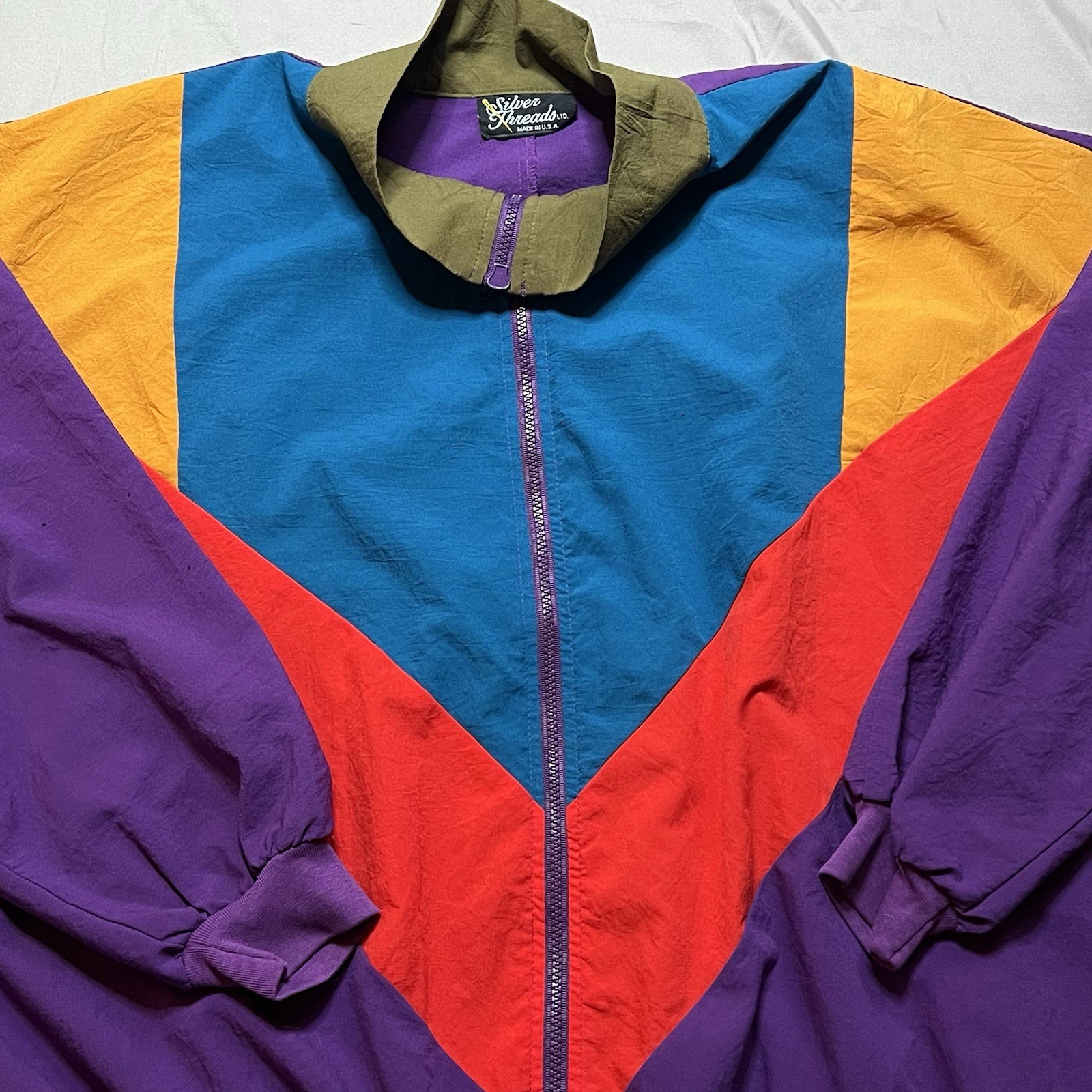 80s Vintage Silver Threads Color Block Full Zip Windbreaker Size L