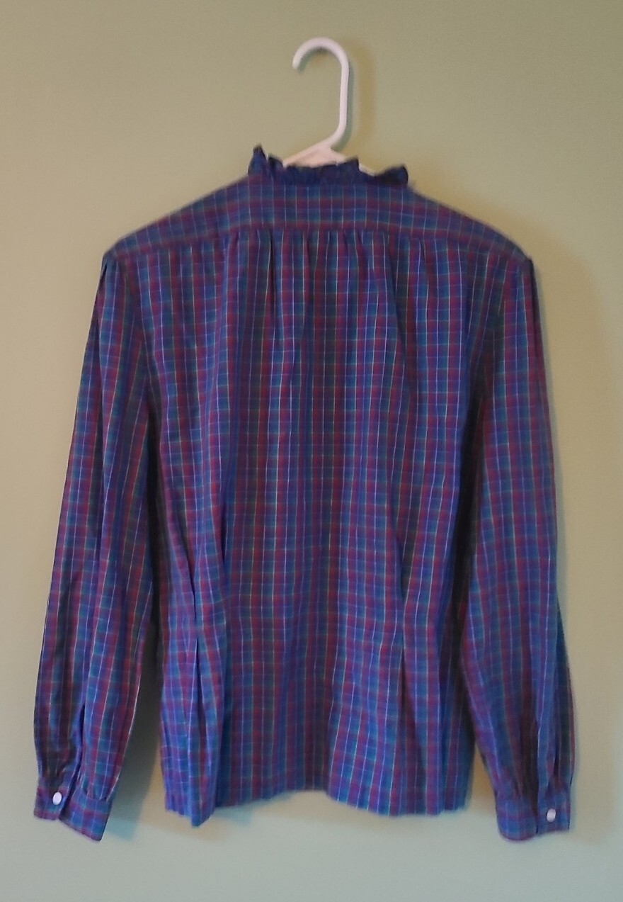 Vtg Purple Red Green Plaid Button Up Blouse/Shirt Ruffle Collar Sz 14 Prairie