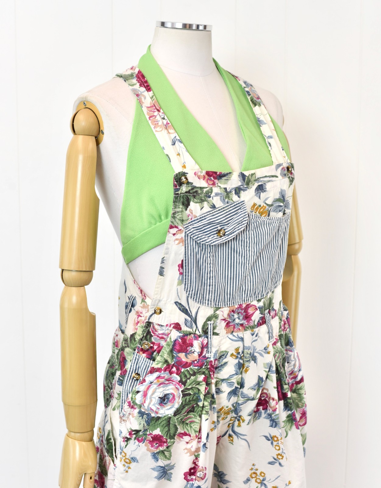 Vintage 1990s Rose Floral Print White Cotton At Last Romper Overalls Shorts