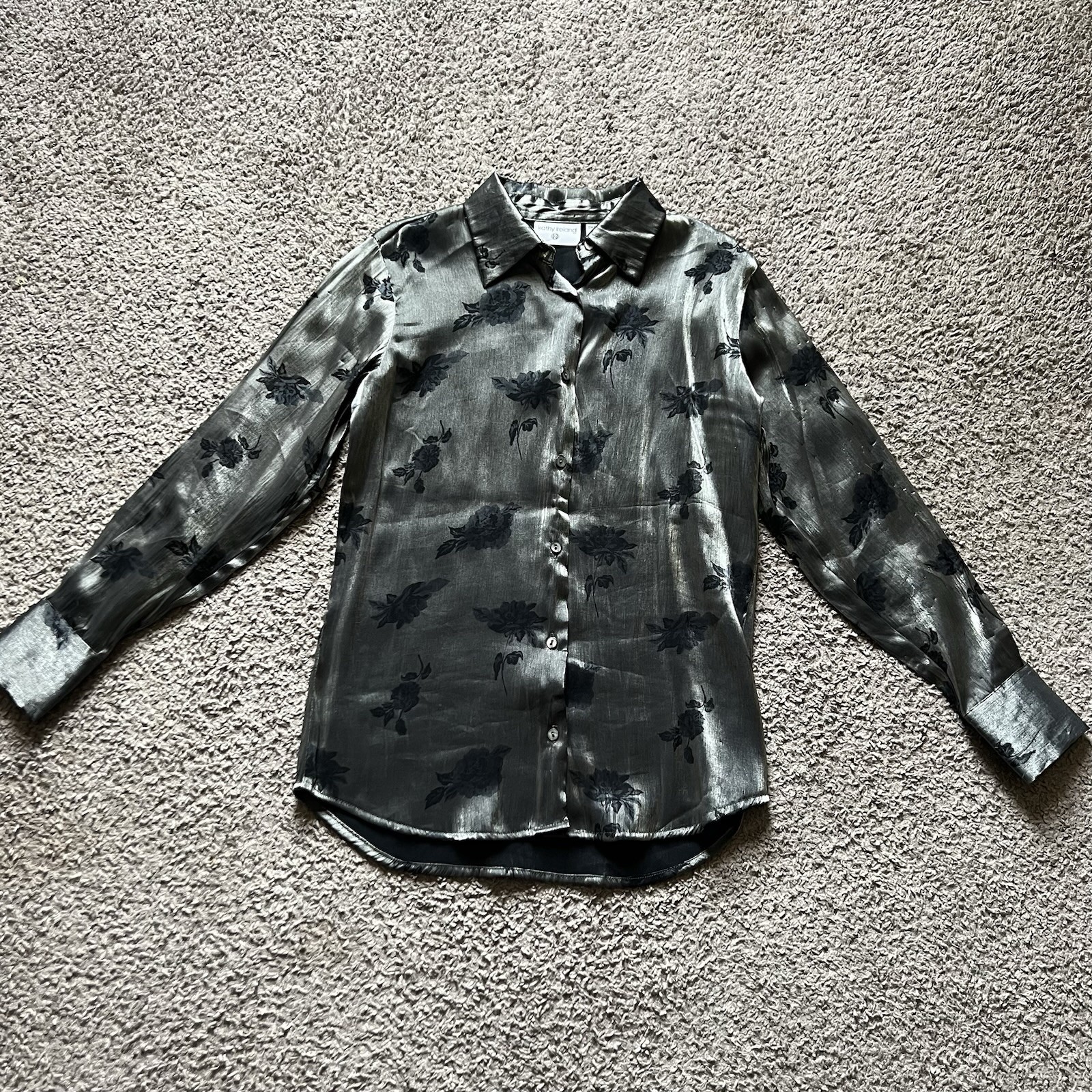 Vintage Y2K 90s Metallic Shirt Small Silver Floral Long Sleeve Button Dark Fairy