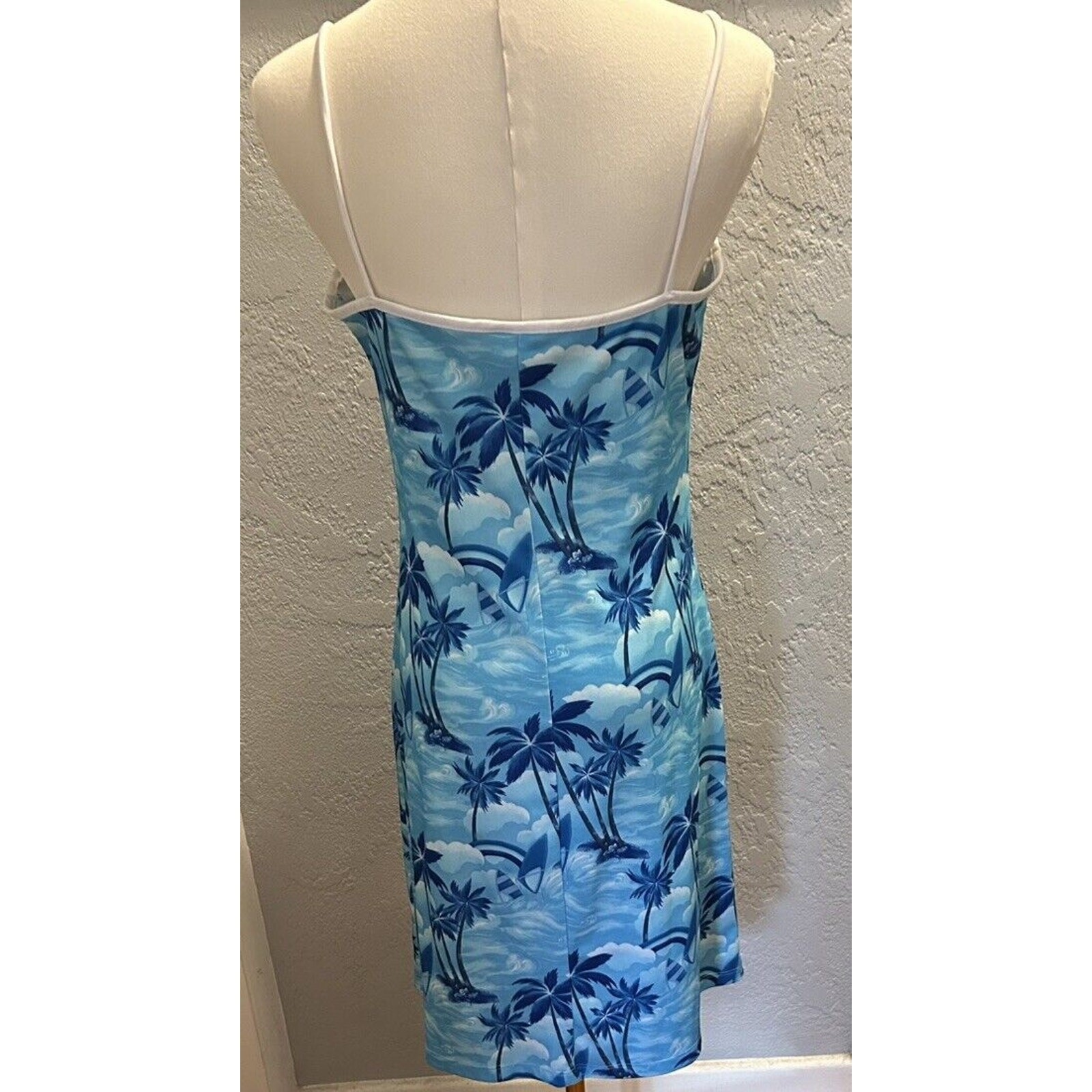 Finesse Tank Dress Women LG Blue White Tropical Print USA Vintage Y2K Resort