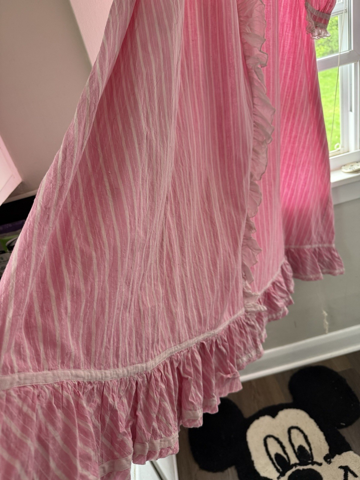 Antique Handmade Pink Striped Dressing Gown Robe In Heavy Cotton With Lace M