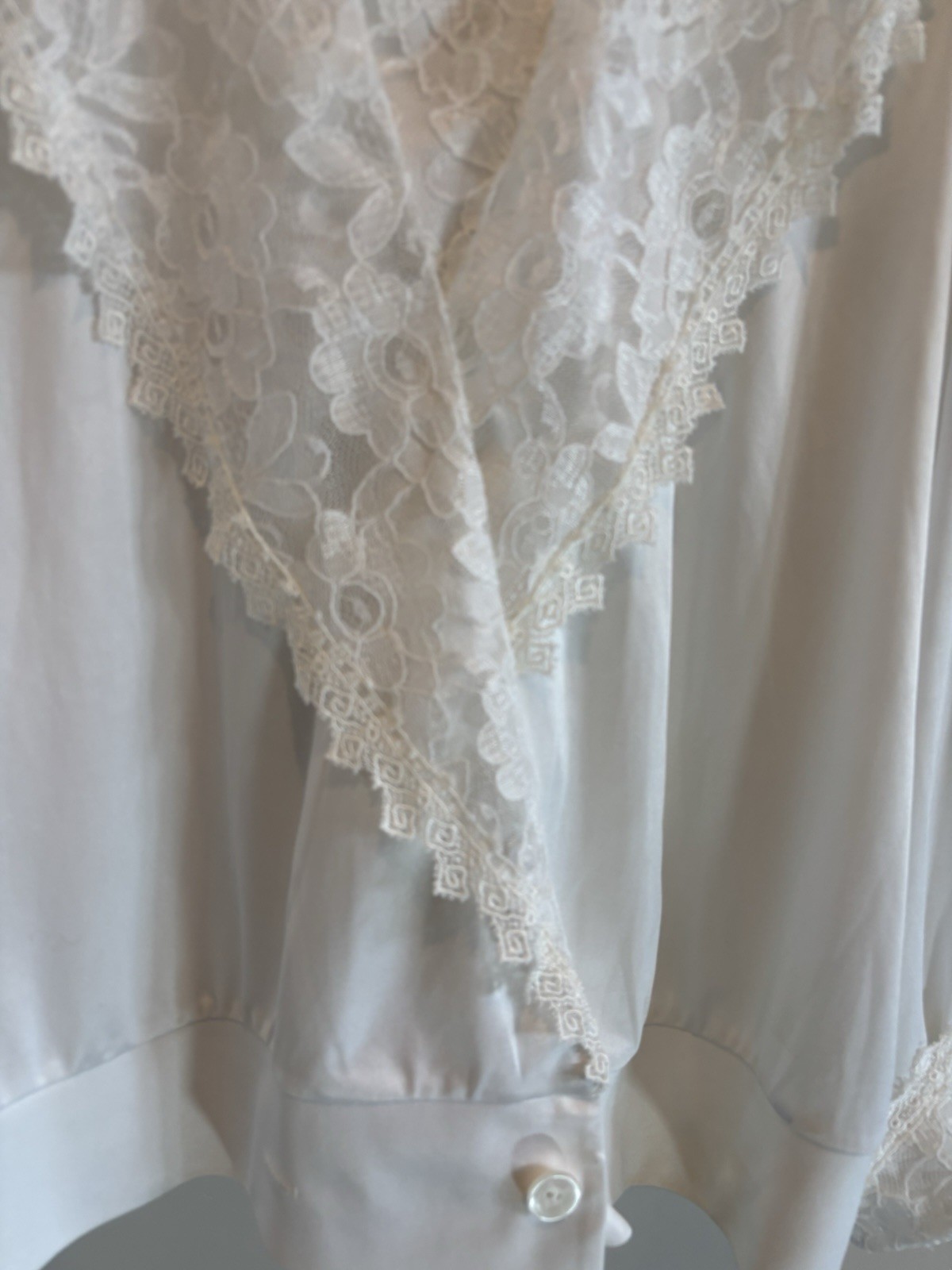 Vintage LeVoy’s White Victorian Lace Yoke Blouse, Polyester, Button Cuffs, XL