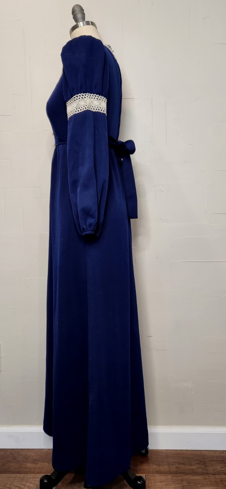 Vintage 70s Royal Blue Ivory White Lace Maxi Dress Tie Empire Waist S or M