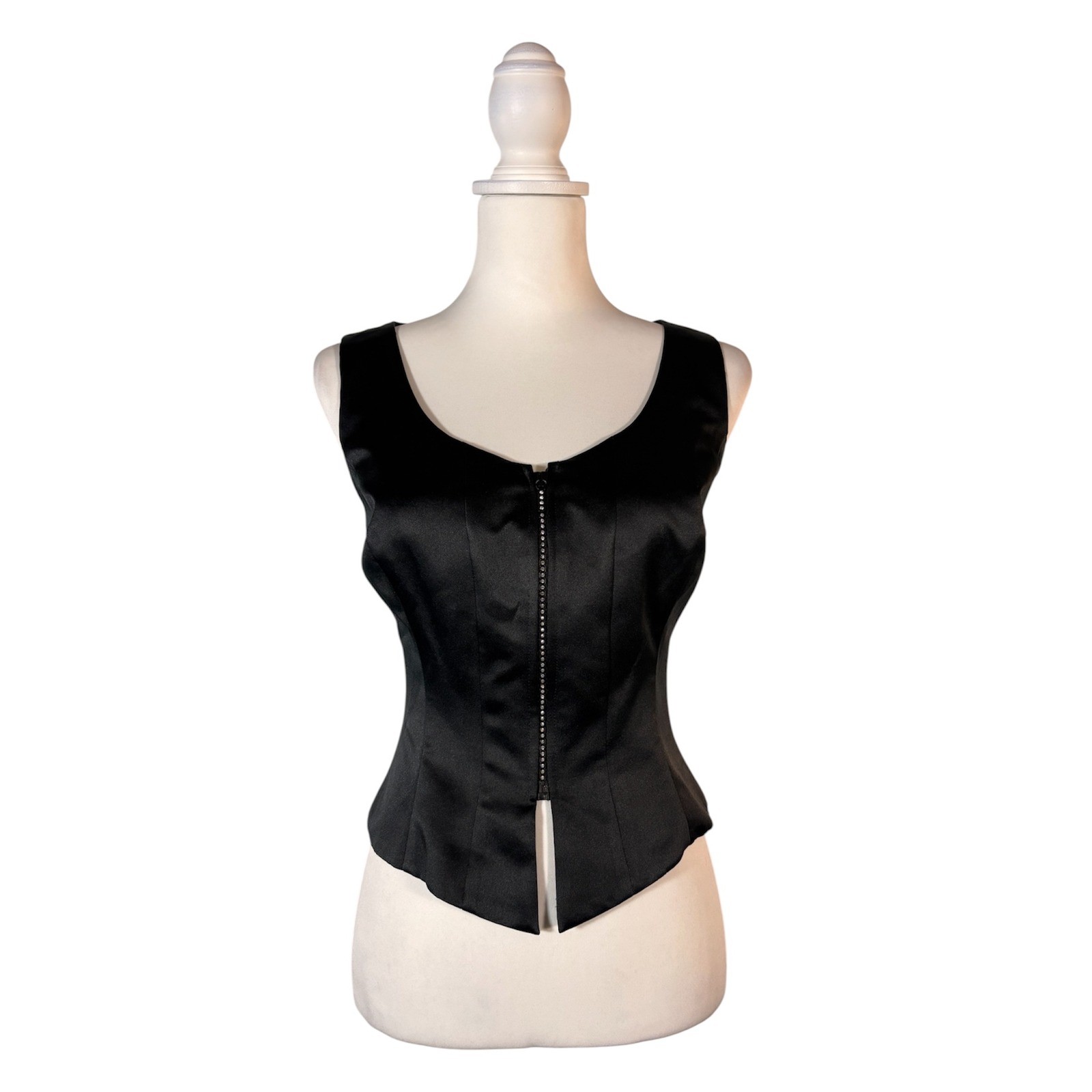 90s Black Rhinestone Zip Sleeveless Top Women’s M Witchy Goth Diva Glam V-Neck