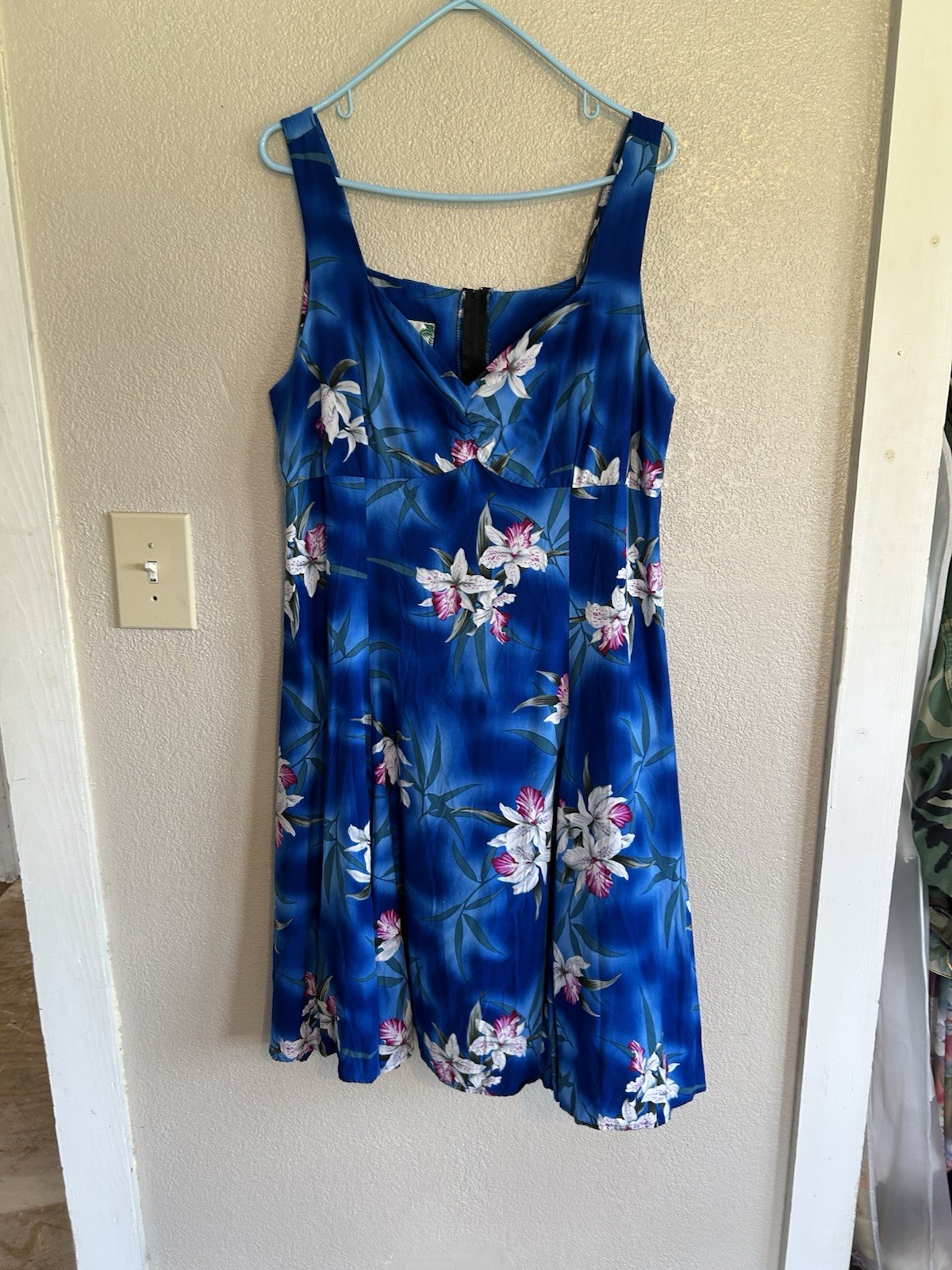 Vintage Blue Hawaiian Dress Sundress Large Two Palms Made In Hawaii USA Rayon