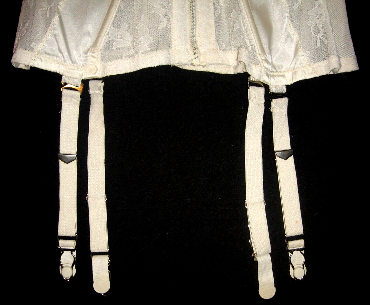 VtG 60s FORMFIT Pinup Corset White Sheer Lace Satin Full-Zip Girdle Garters 36C