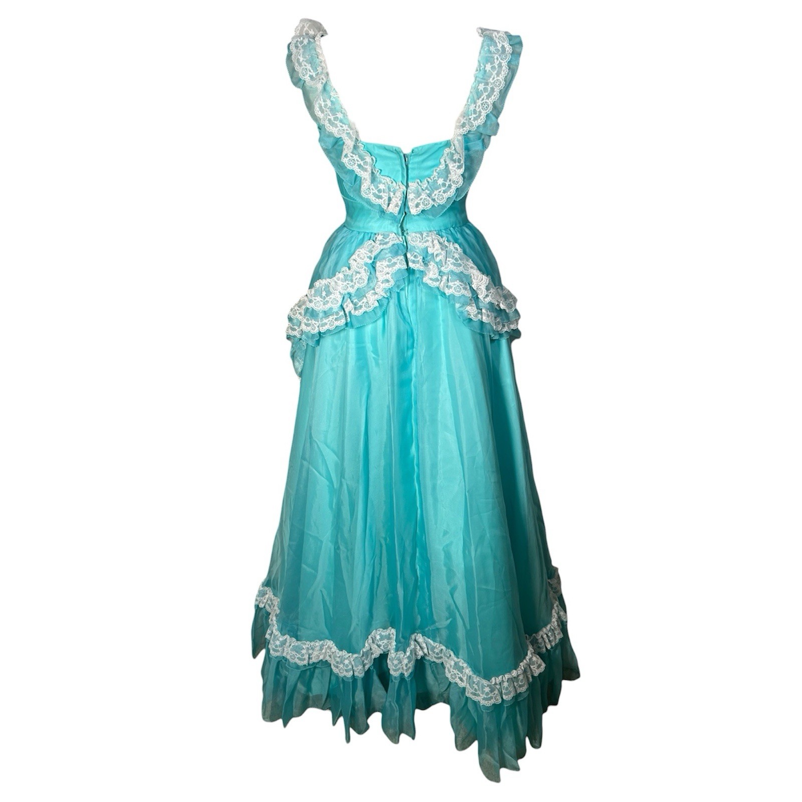 VTG 70s/80s Mike Benet Southern Belle Prairie Aqua Lace Organza Maxi Dress Sz S