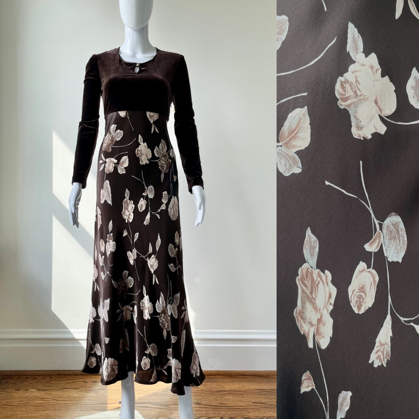 Vintage S M Dress Maxi Velour Satin Rose Floral print 90s Brown VGUC