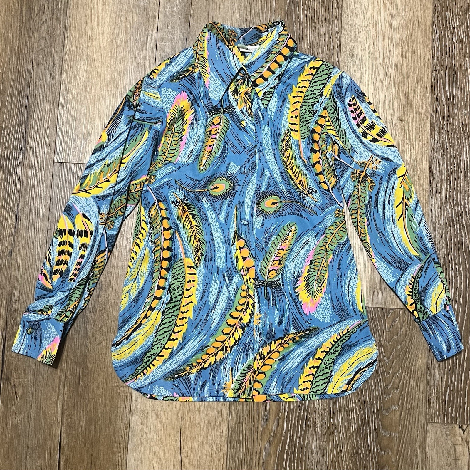 Vtg 1970’s Blue Peacock Feather Print Button Up Blouse Size 10 Retro Disco Mod