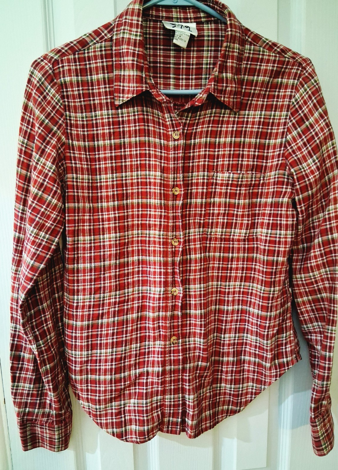 Vtg 579 Flannel Shirt Red Plaid 100% Cotton 90s Grunge Y2k Women Medium