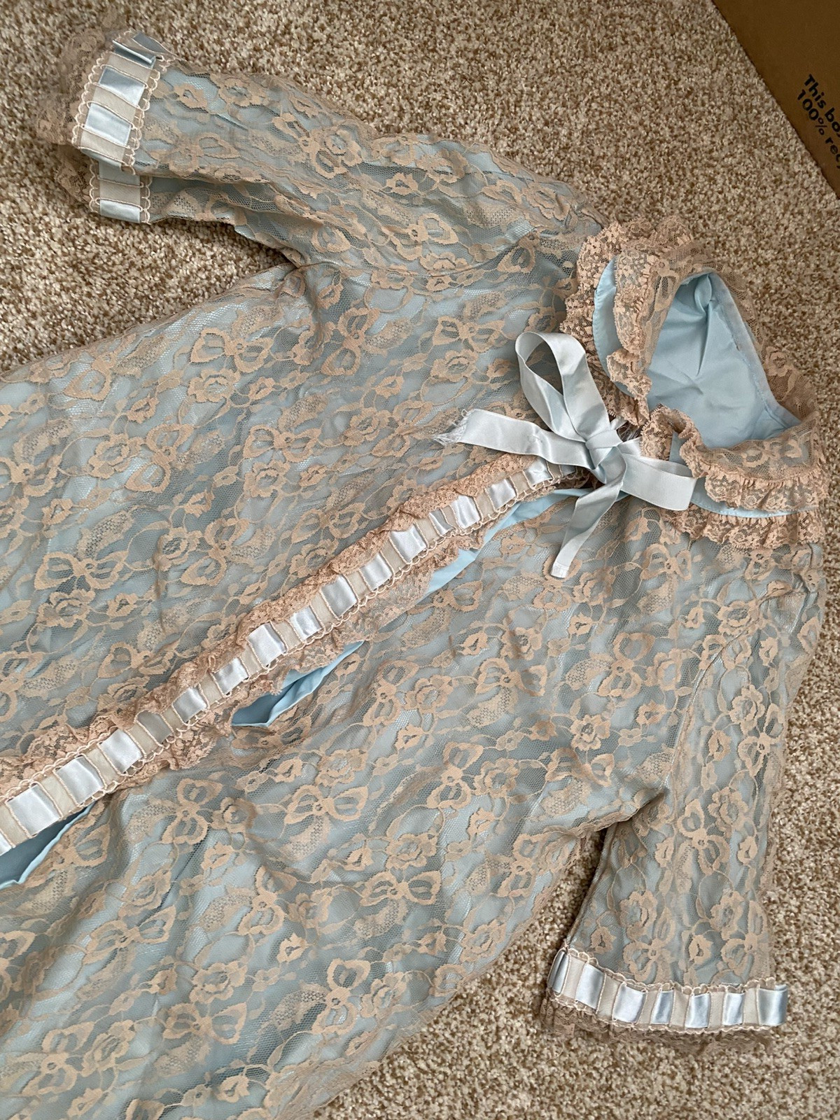 Vtg Robe Dressing Gown Chantilly Lace Matej Odette Barsa Blue Ecru Victorian S