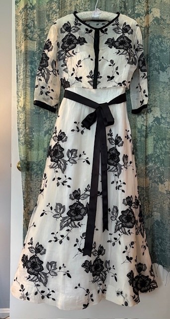 Vintage 1950’s White Organdy/Black Embroidered Gown and Jacket Good Condition TS