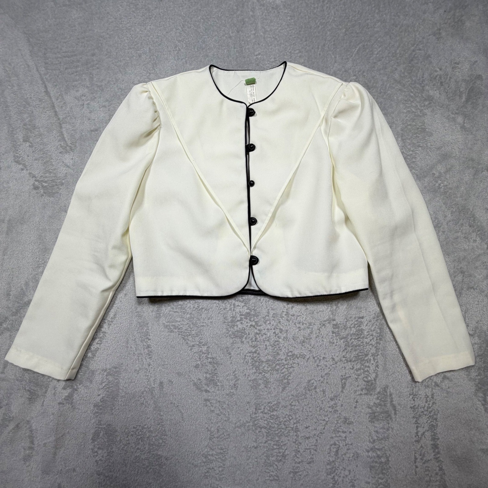 Vintage 80s White Polyester Cropped Bolero Jacket Contrast Piping Size S 10