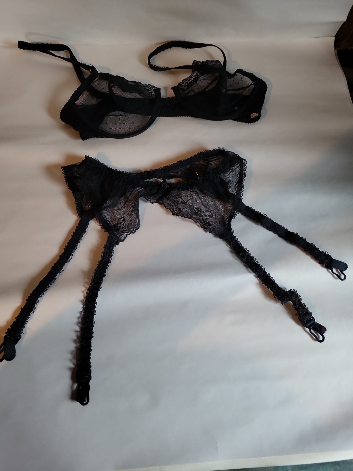 Vintage Ce Soir Lingerie Bra Garter Set Black Mesh Polka Dots 34 B
