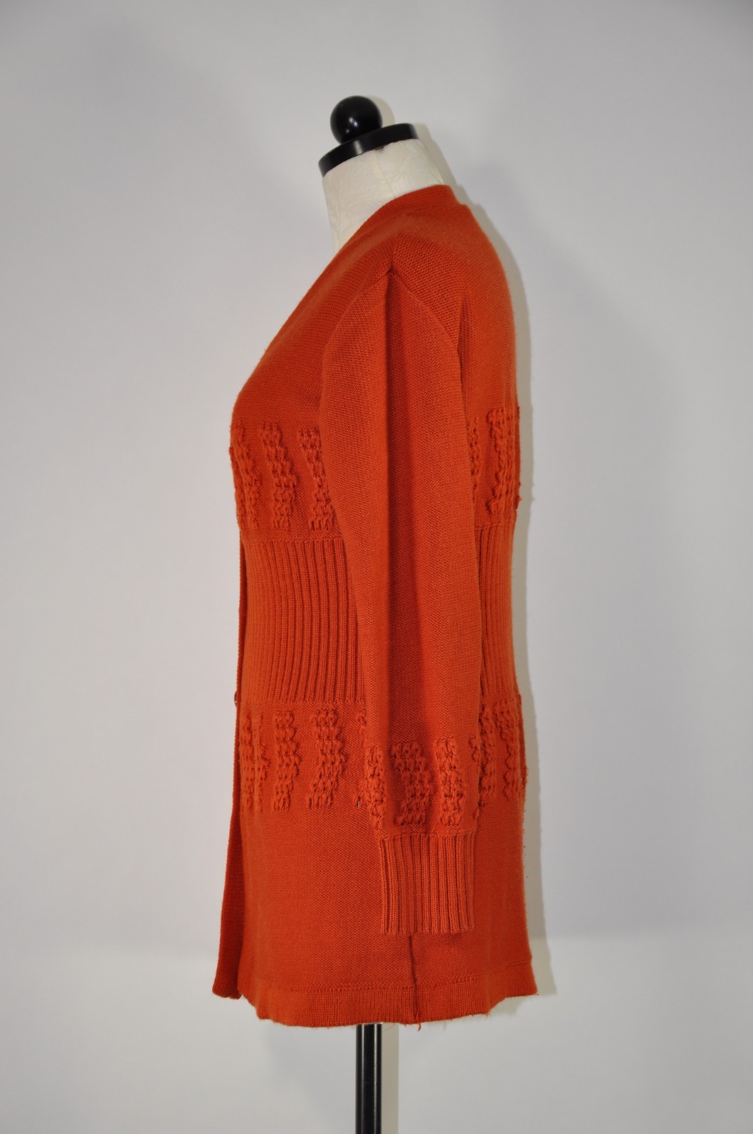 70s Autumn Rust Orange Pointelle Ribbed Knit Button Up Sweater Cardigan Women M