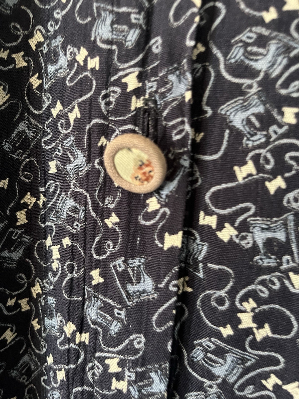 Vintage Zoe California Rayon Navy Full Length Dress Size Sawing Machine Motif