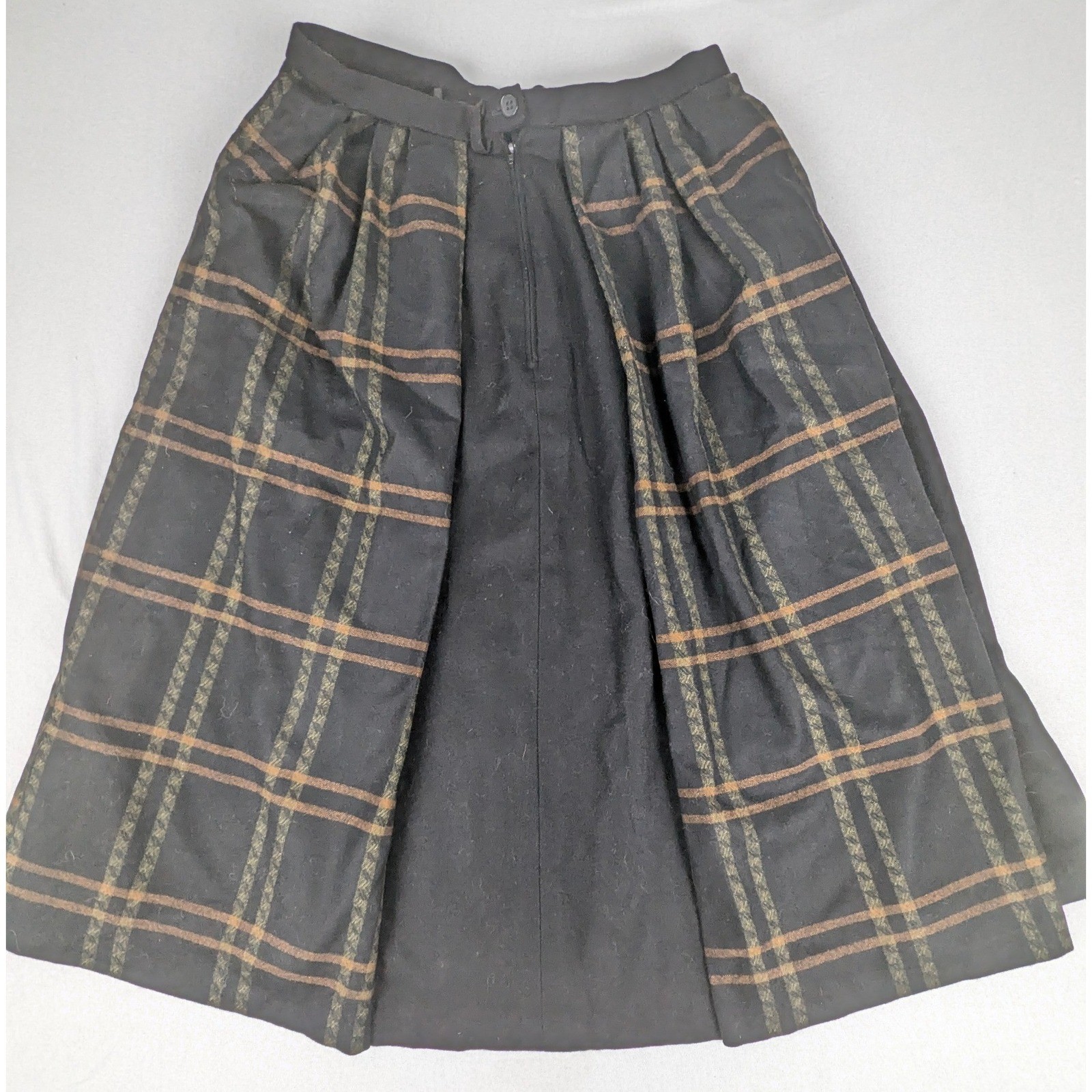 Vtg Litza Windowpane Plaid Pleated Midi Skirt Black/Brown W. Germany 30W