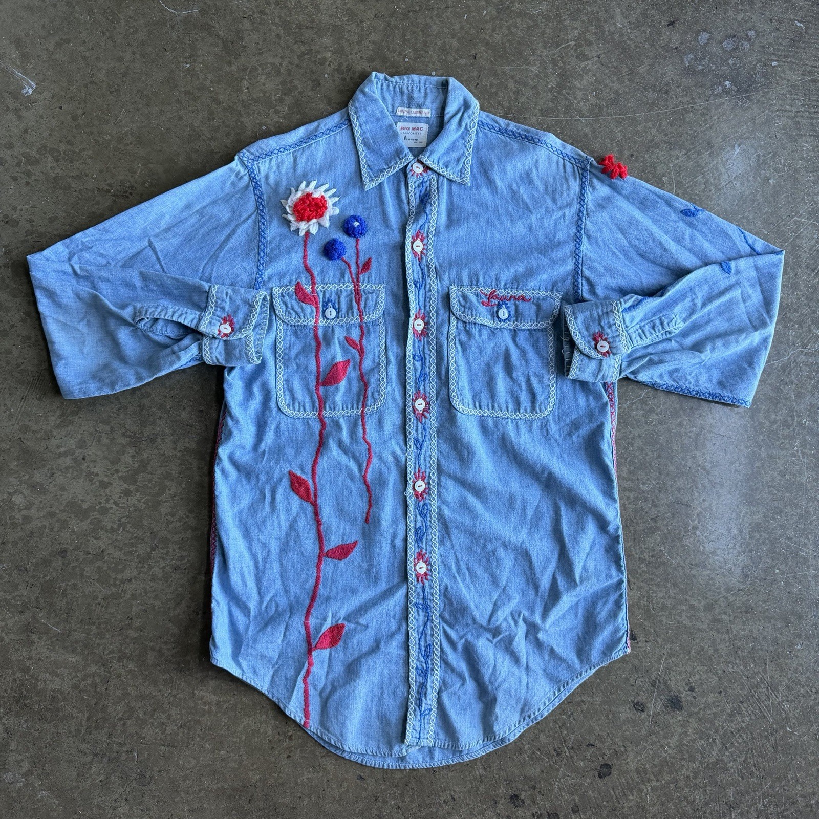 VTG 60’s Big Mac Pennys Sanforized Chambray Denim Embroidered floral Shirt