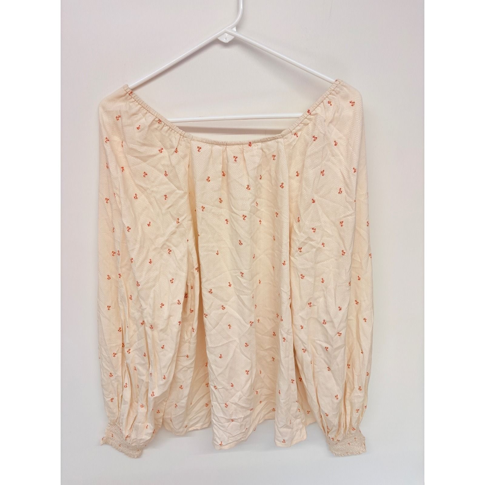 a.n.a Cottagecore Peasant Blouse Womens XL Cream Floral Smocked Cuff Boho