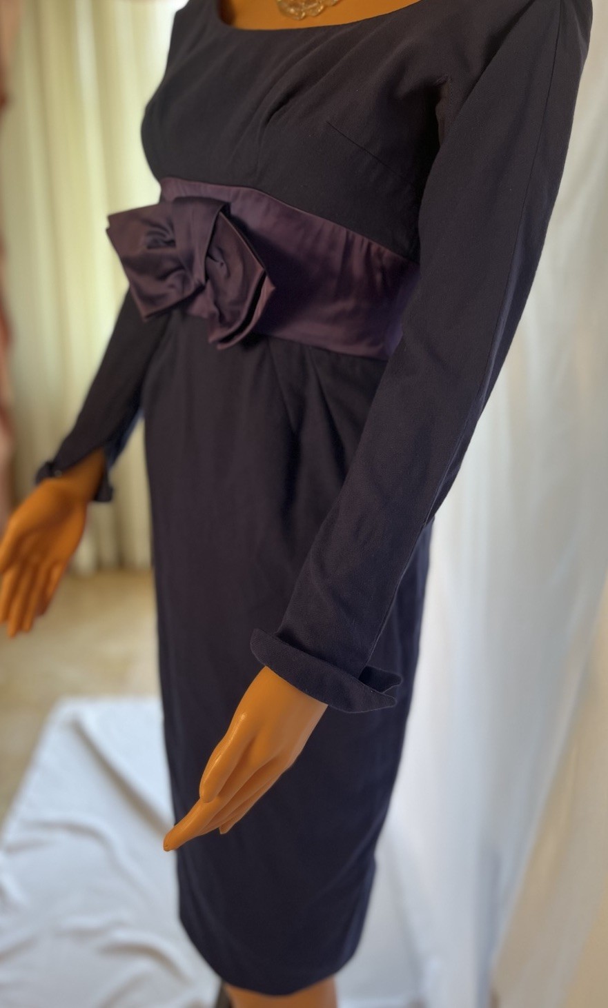MAM’SELLE Vintage 1950’s Wiggle Dress Navy Blue With Satin Empire, XSmall, Flaw