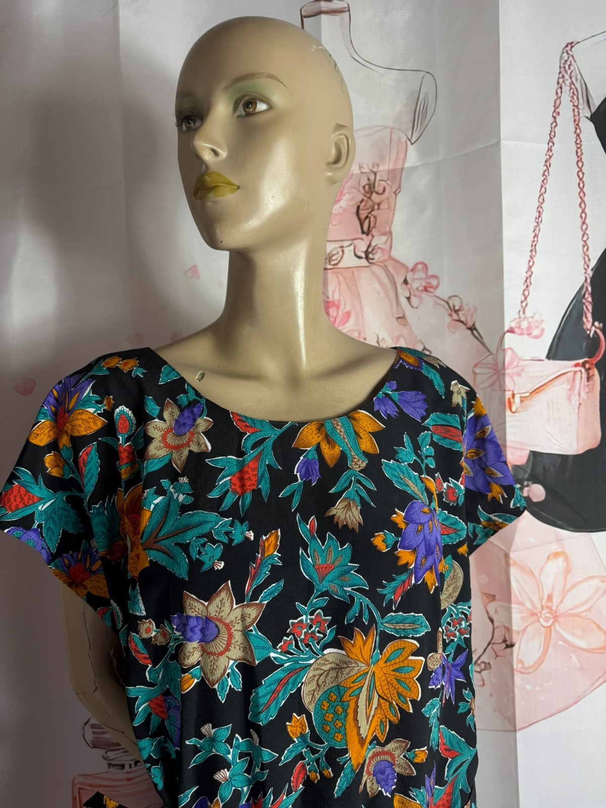 Vintage French Dress Crepe Made in France Floral Midi Dress Size 42 44