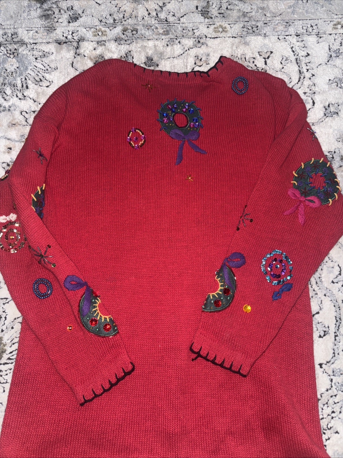 VTG Gladys Bagley Christmas Cardigan Knit SWEATER 1X Beads Rhinestone Embroidery