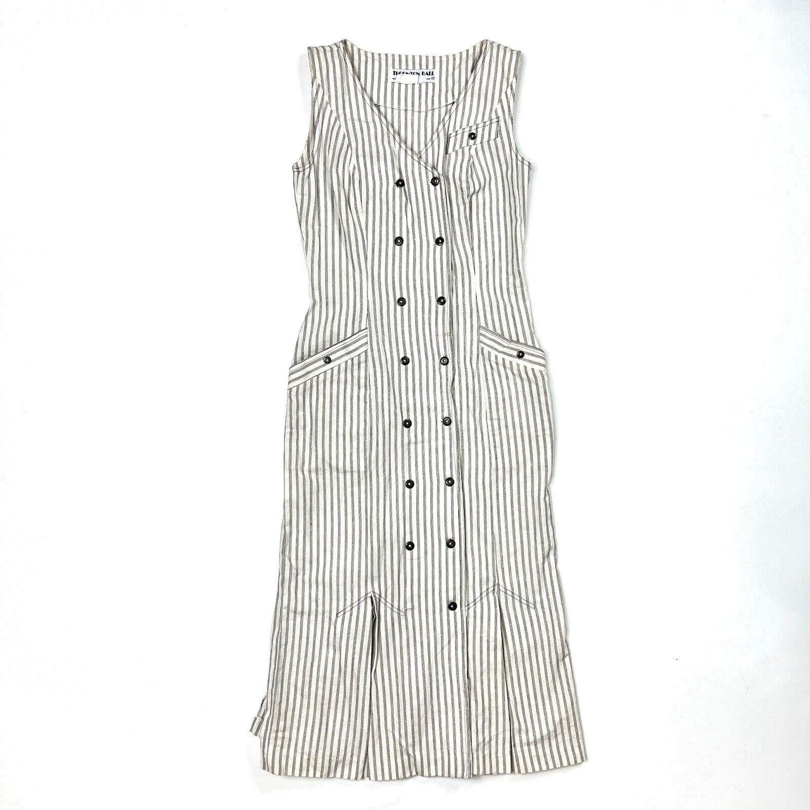 THORNTON HALL Dress VTG 70s New Zealand Button Down Sleeveless Stripe Rare Sz 10