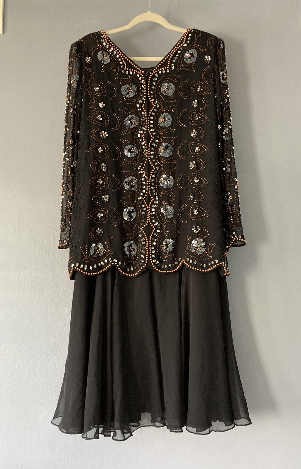 Vintage Jack Bryan Black Chiffon Gown Sequins and Beads Size 18