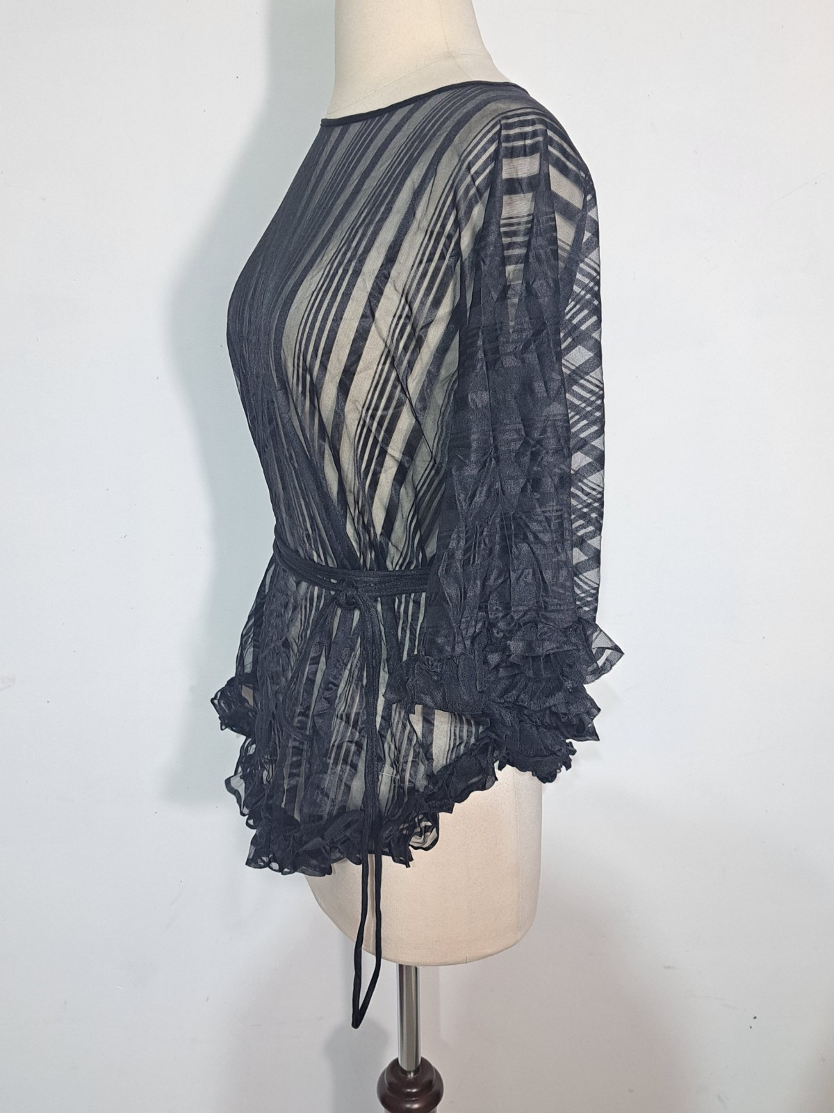 Vintage 1970s Black Sheer Stripe Pajama Set Sz S Shirley of Hollywood Ruffle
