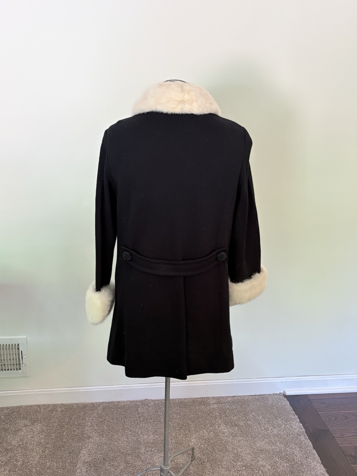 Vtg Belgium Black Wool Coat W/ White Mink Collar & Cuffs Double Breasted S/M